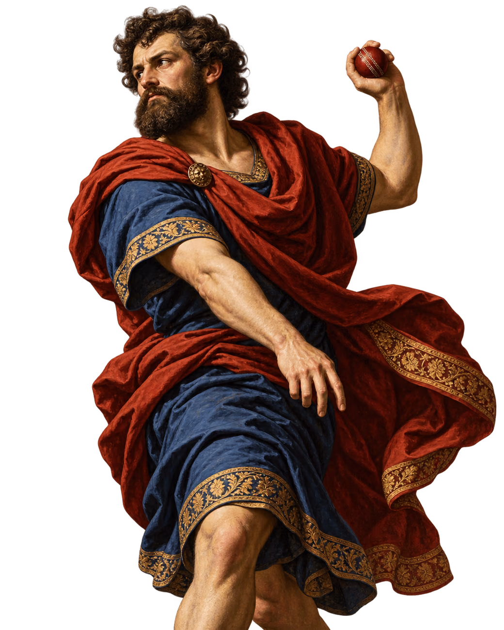 Renaissance-style painting of a robed athlete about to bowl a cricket ball