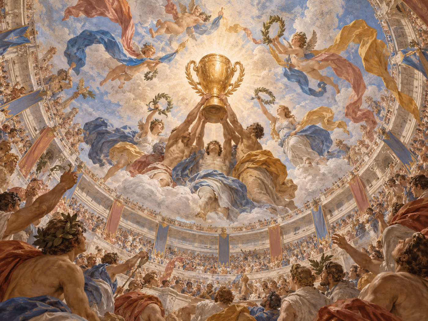 Baroque fresco of a trophy raised above a packed stadium