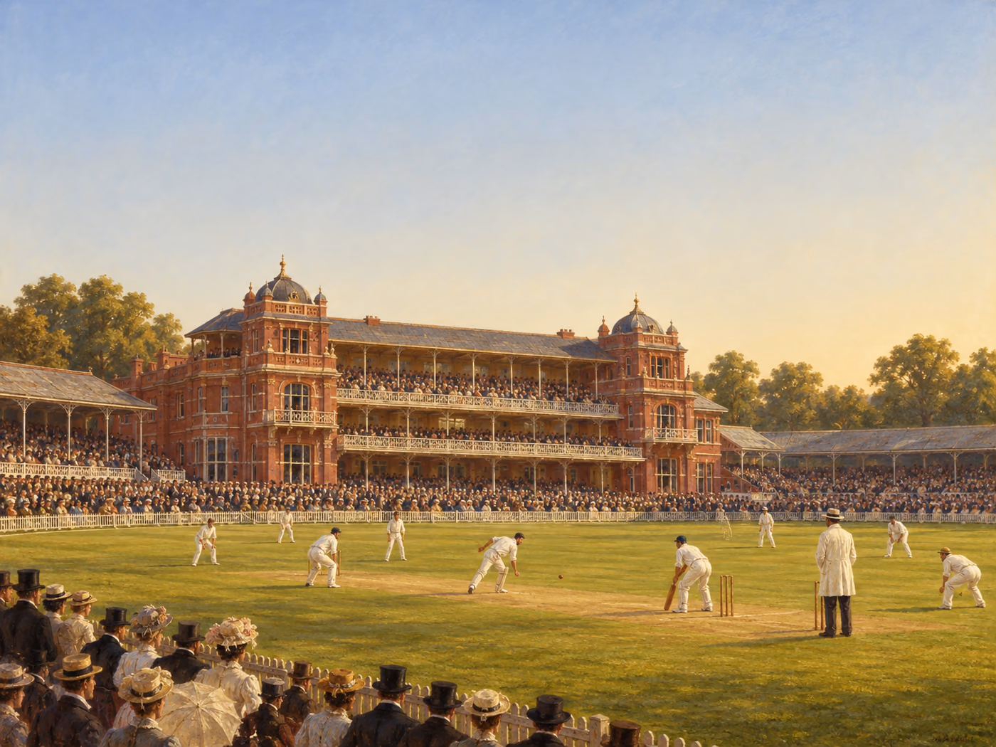 Oil painting of a cricket pavilion with a match in progress